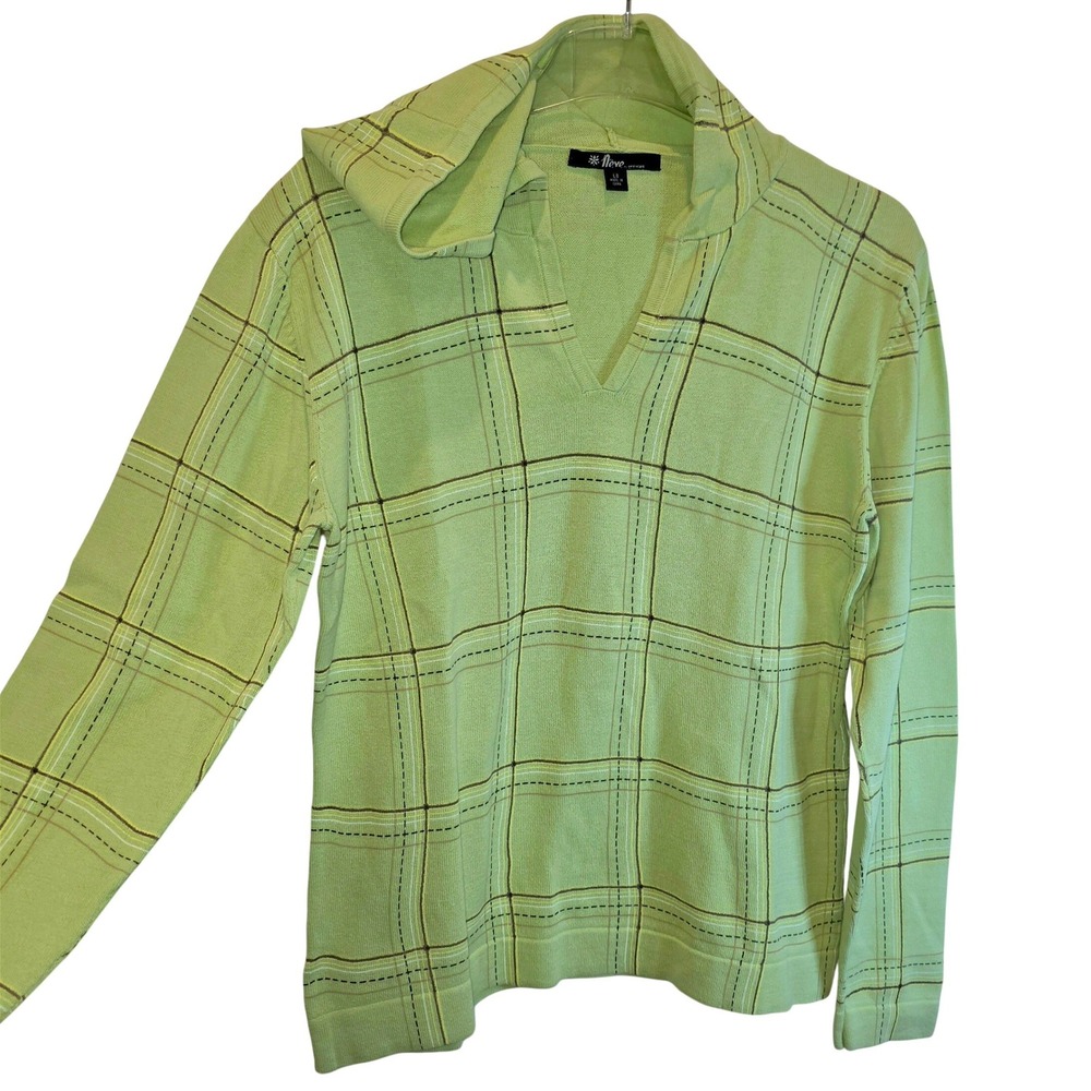 VTG Neve Designs Hoodie Sweater Pullover Womens Large Light Green Plaid V-Neck